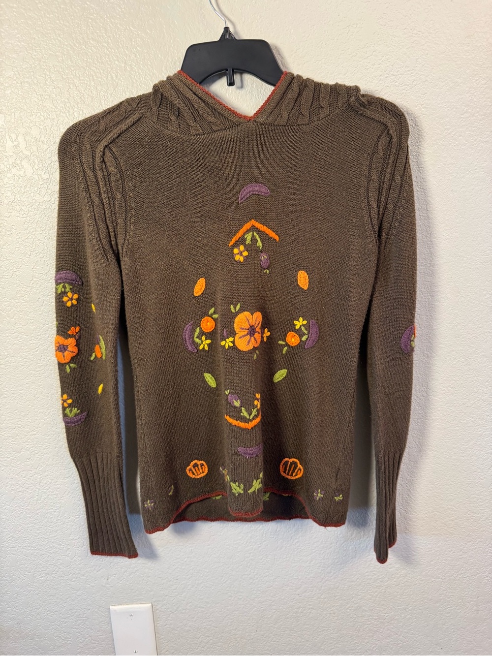 Buffalo David Bitton Y2K Boho Embroidered Cable Knit Hooded Sweater Size M